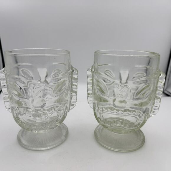 Tiki Face Clear Glass Mugs Set of 2 Vintage Mid-Century Barware Footed Goblets - Picture 1 of 5
